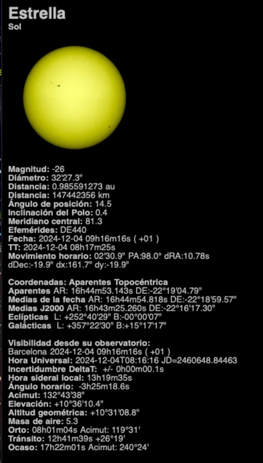 Efemèrides solars a Cartes du Ciel