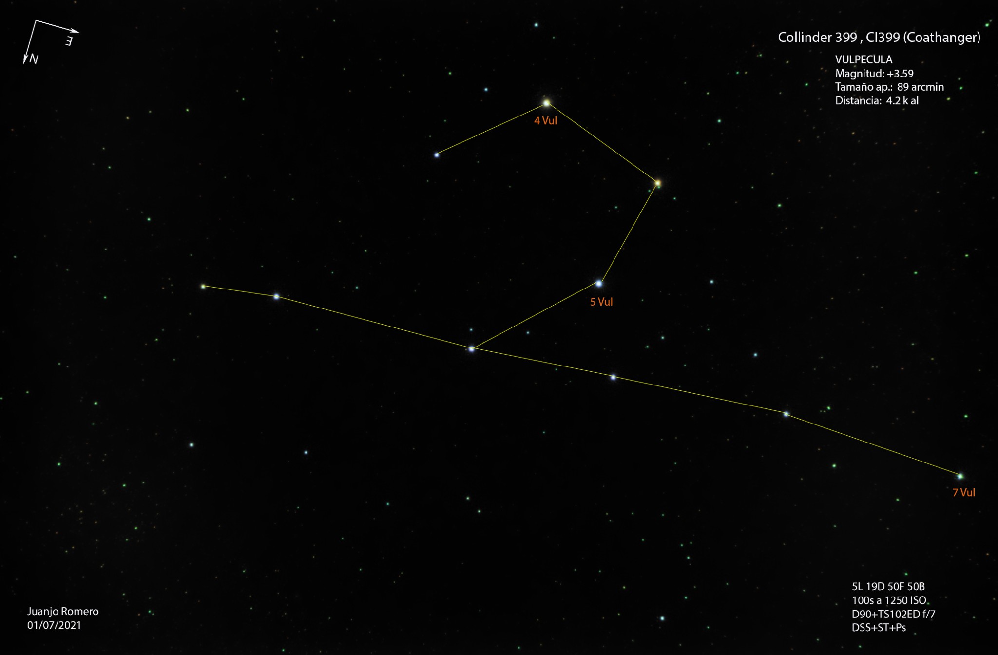 Imagen anotada: Collinder 399 – Cúmulo de la Percha