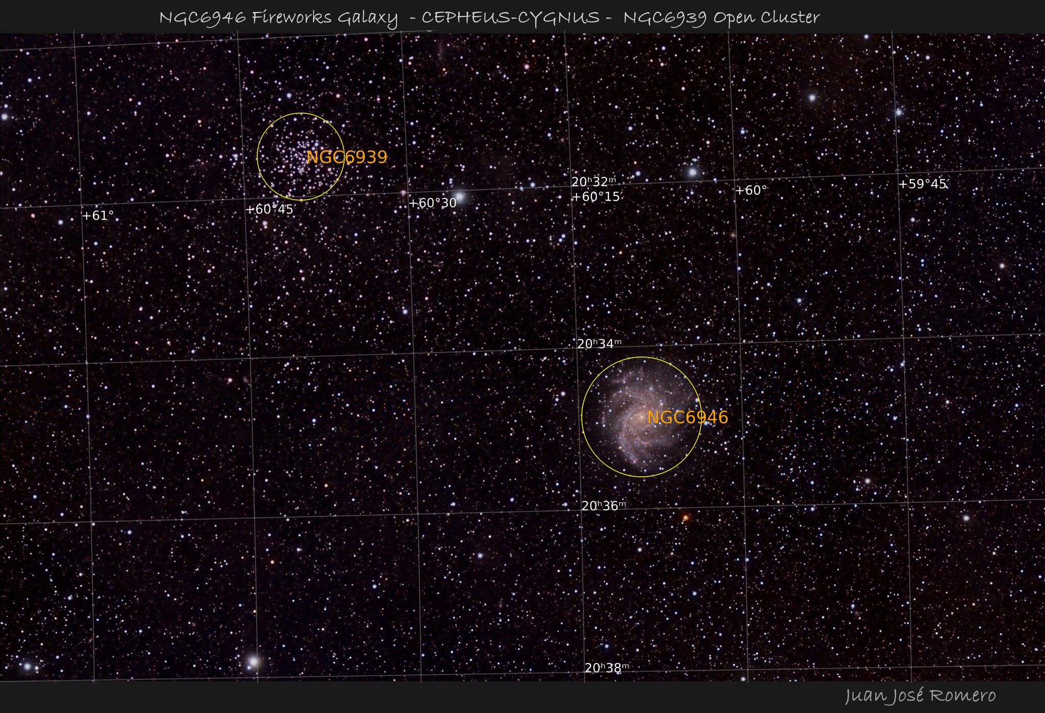 Imagen anotada: NGC 6939 i NGC6946– Cúmulo abierto i Fireworks Galaxy