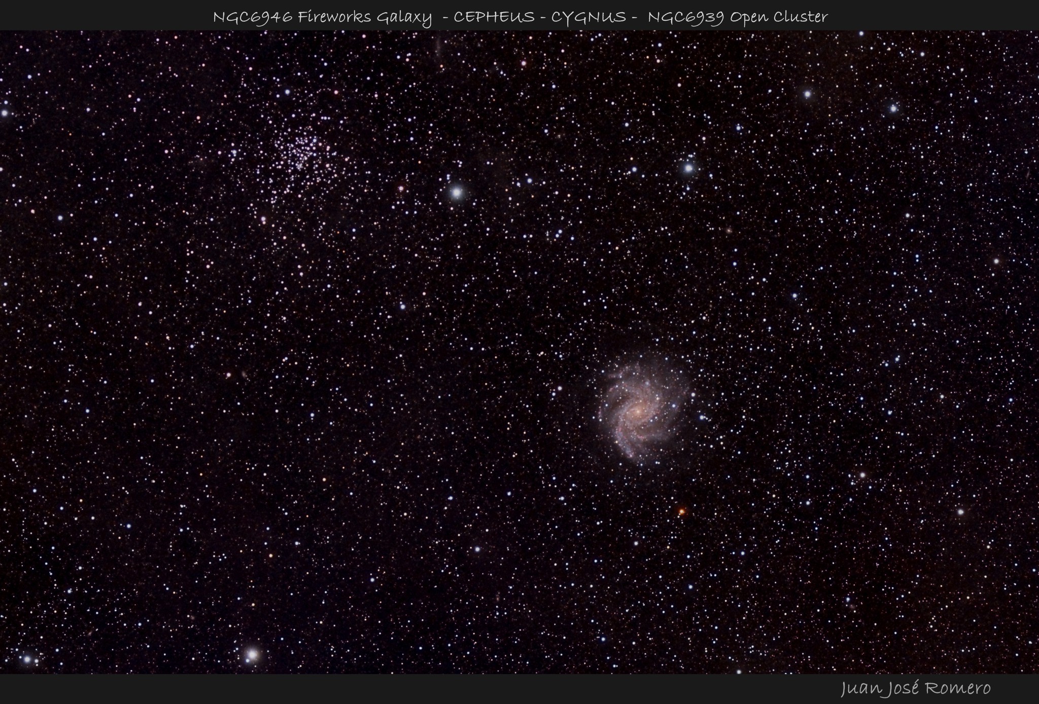 Fotografía astronómica de NGC 6939 i NGC6946– Cúmulo abierto i Fireworks Galaxy
