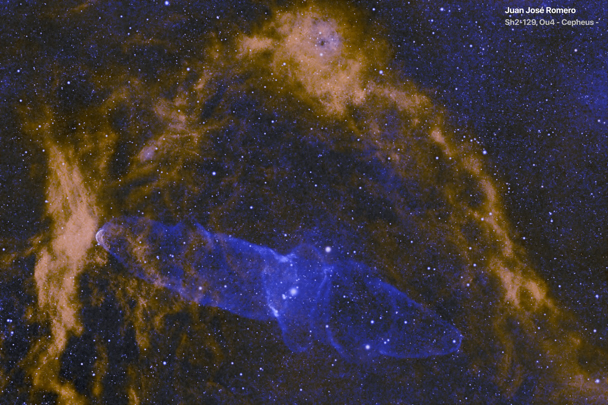 Procesado alternativo: Sh2-129 – Nebulosa del Murciélago Volador y Ou4 – Nebulosa del Calamar